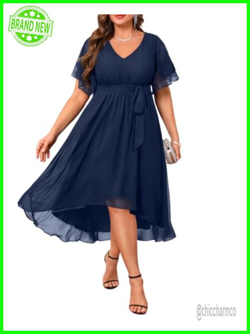 Plus Size Chiffon High Low Dress Short Sleeve Wedding Guest